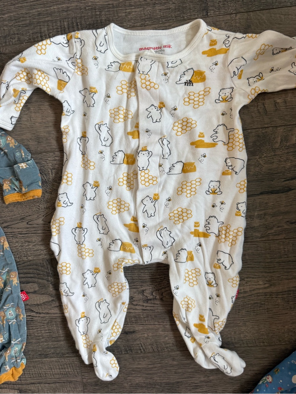 Magnetic Me White & Mustard Bear Honeycomb Footed One-Piece